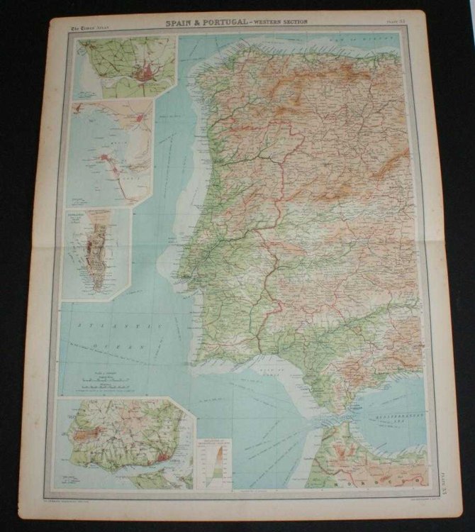 Map of Portugal and Western Spain from 1920 Times Atlas (Plate 33 