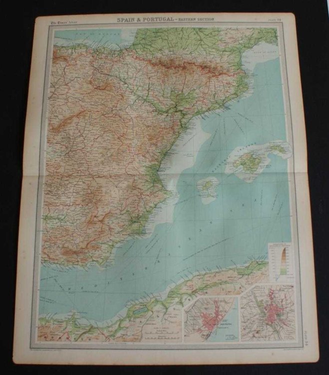 Map of Eastern Spain including the Pyrenees, Andorra and the Balearic Islands from 1920 Times Atlas (Plate 34 
