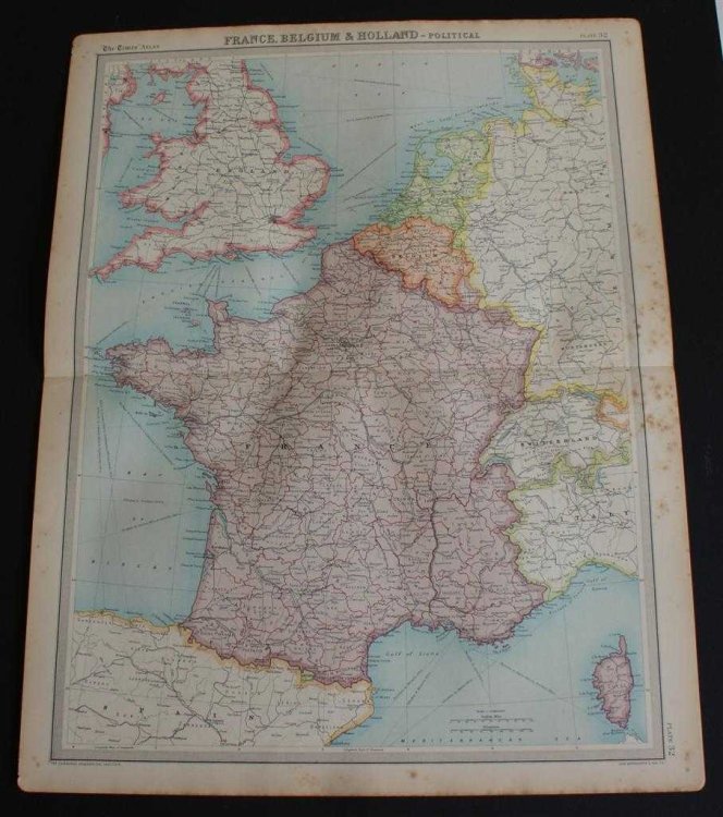 Map of France, Belgium, Holland, England, Wales, Switzerland, Andorra and Luxemburg from 1920 Times Atlas (Plate 32 