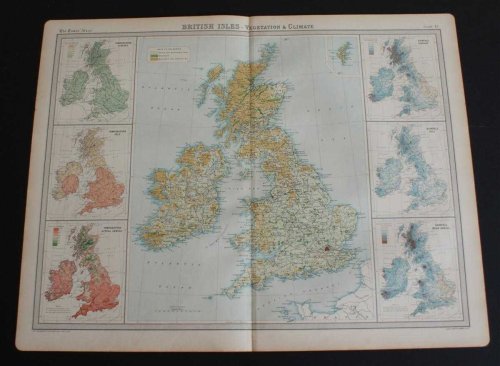 Vegetation and Climate (Rainfall and Temperature) Map of the British Isles from the 1920 Times Atlas (Plate 15)