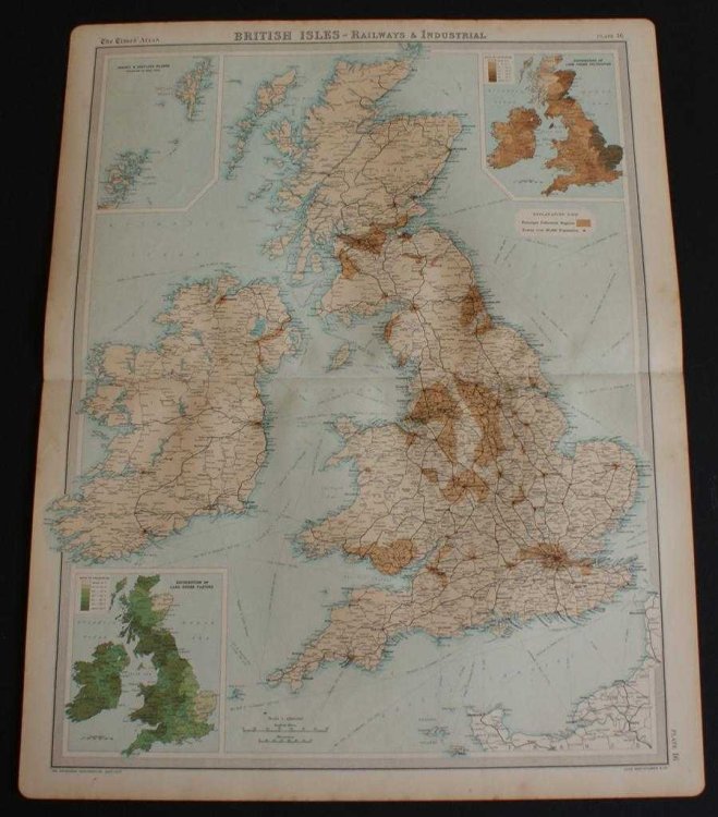 Railways and Industrial Map of the British Isles from the 1920 Times Atlas (Plate 16) with inset maps showing Distribution of Land Under Pasture and Cultivation