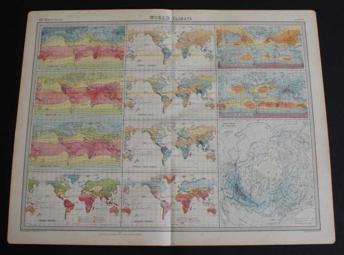 World Climate Maps from the 1920 Times Atlas (Plate 3) - single sheet containing 11 small maps depicting World Temperature levels, Rainfall and Pressure and Winds