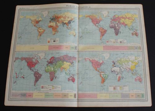 World Maps showing Population, Races, Religions and Principal Languages of Commerce from the 1920 Times Atlas (Plate 5) - single sheet containing 4 maps