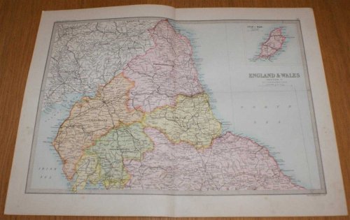 Map of England & Wales (Section 1) covering Northumberland, Durham, Cumberland, Westmorland, Scottish Border, etc. with inset of Isle of Man - Sheet 12 Disbound from the 1890 'The Library Reference Atlas of the World'