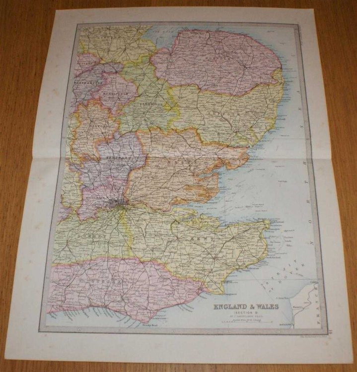 Map of England & Wales (Section 3) covering London, Kent, Essex, Suffolk, Norfolk, Cambridge, Huntingdon, Bedford, etc. - Sheet 14 Disbound from the 1890 'The Library Reference Atlas of the World'