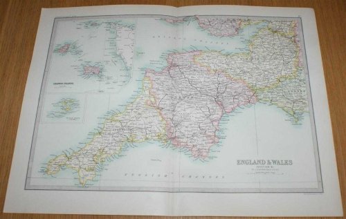 Map of England & Wales (Section 6) covering the West Country (Cornwall, Devon, Somerset) with insets of Scilly Isles and Channel Islands - Sheet 17 Disbound from the 1890 'The Library Reference Atlas of the World'