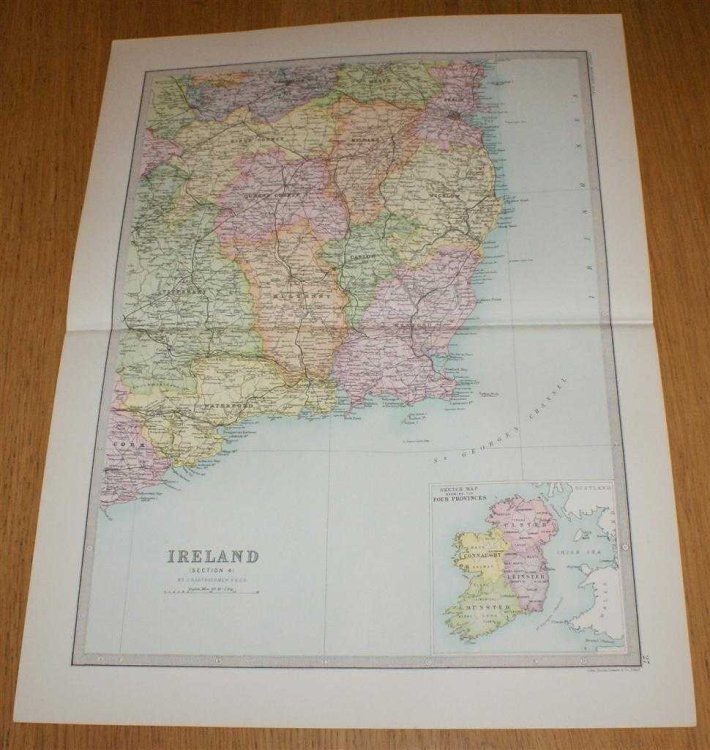 Map of Ireland (Section 4) covering the south eastern portion of Ireland with small inset map showing Four Provinces of Ireland - Sheet 27 Disbound from the 1890 'The Library Reference Atlas of the World'