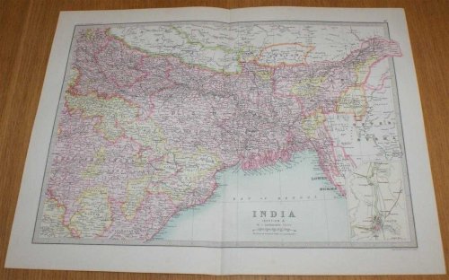 Map of India (Section 2) covering parts of modern day central and eastern India, Bangladesh, Bhutan and Nepal with small inset plan of Calcutta - Sheet 47 Disbound from the 1890 'The Library Reference Atlas of the World'