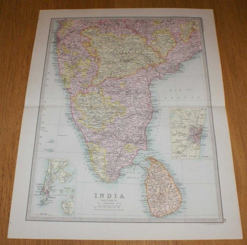 Map of India (Section 3) covering southern India and Ceylon (Sri Lanka) including small inset plans of Madras and Bombay - Sheet 48 Disbound from the 1890 'The Library Reference Atlas of the World'