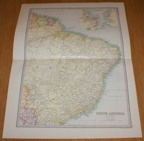 Map of South America (Section 2) covering large parts of Brazil, Dutch Guiana and French Guiana including small inset plan of Rio de Janeiro - Sheet 78 Disbound from the 1890 'The Library Reference Atlas of the World'
