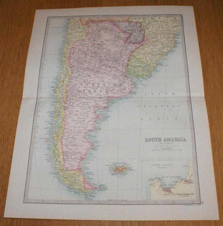 Map of South America (Section 3) covering Paraguay, Argentine Republic, Uruguay, Chile and the Falkland Islands, with small inset plan of Valparaiso - Sheet 79 Disbound from the 1890 'The Library Reference Atlas of the World'