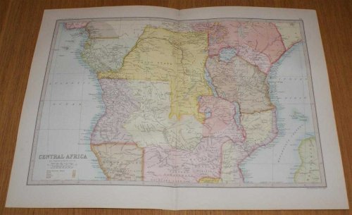 Map of Central Africa - Sheet 55 Disbound from the 1890 'The Library Reference Atlas of the World' covering modern day Gabon, Angola, Democratic Republic of Congo, Uganda, Tanzania, Zambia and Kenya