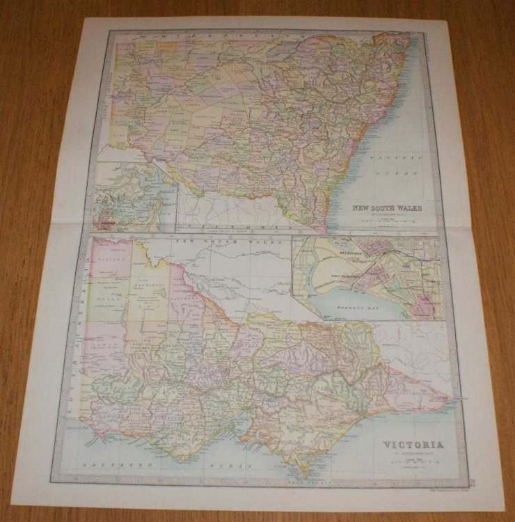 Map of Victoria and New South Wales, Australia - Sheet 82 Disbound from the 1890 'The Library Reference Atlas of the World' with small inset plans of Port Melbourne and Port Jackson