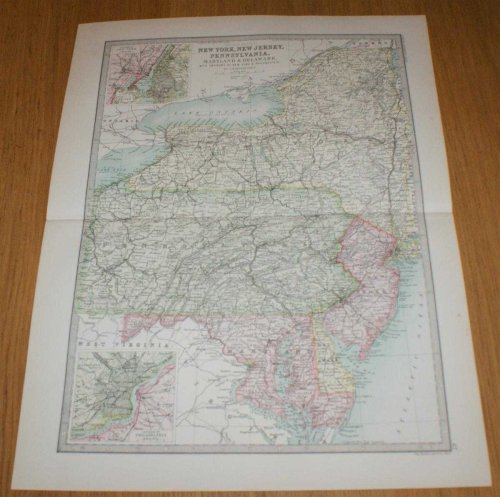 Map of New York, New Jersey, Pennsylvania, Maryland and Delaware with inset plans showing Environs of New York and Philadelphia - Sheet 67, Middle States of USA, disbound from the 1890 'The Library Reference Atlas of the World'