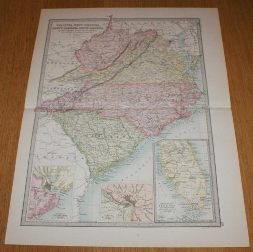 Map of Virginia, West Virginia, North Carolina, South Carolina and the Southern part of Florida with inset plans showing Environs of Charleston and Richmond - Sheet 69, (part of USA), disbound from the 1890 'The Library Reference Atlas of the World'
