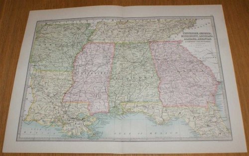 Map of Tennessee, Georgia, Mississippi, Louisiana, Alabama, Arkansas and the Northern part of Florida - Sheet 70 (part of USA) Disbound from the 1890 'The Library Reference Atlas of the World'