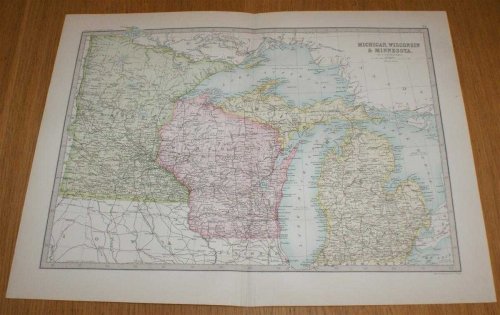 Map of Michigan, Wisconsin and Minnesota - Sheet 72 (part of USA) Disbound from the 1890 'The Library Reference Atlas of the World'