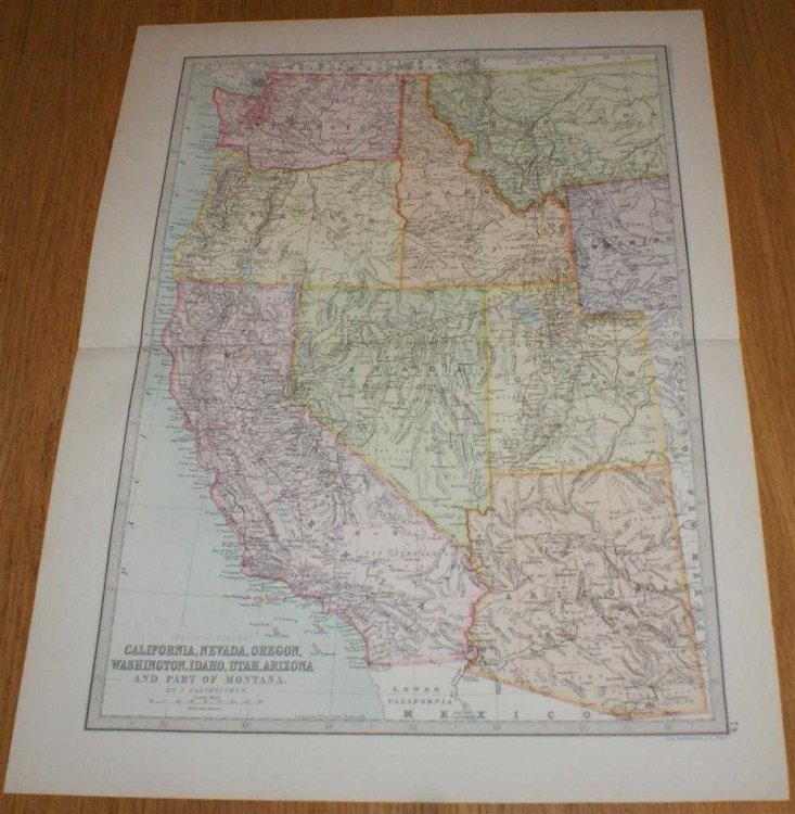 Map of California, Nevada, Oregon, Washington, Idaho, Utah, Arizona and part of Montana - Sheet 74, Pacific States of USA, disbound from the 1890 'The Library Reference Atlas of the World'