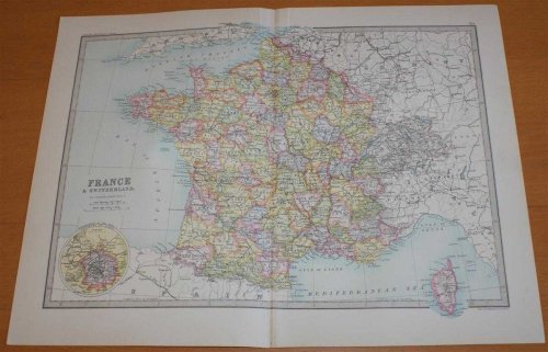 Map of France and Switzerland (including Corsica) - Sheet 30 disbound from the 1890 'The Library Reference Atlas of the World'
