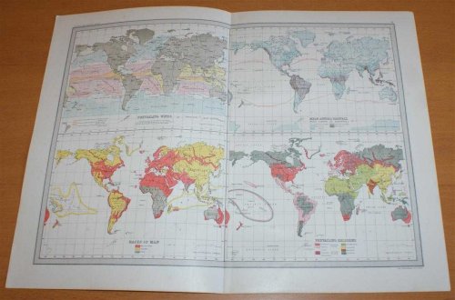 Map of The World showing Prevailing Winds, Mean Annual Rainfall, Races of Man and Prevailing Religions - Sheet 4, disbound from the 1890 'The Library Reference Atlas of the World'