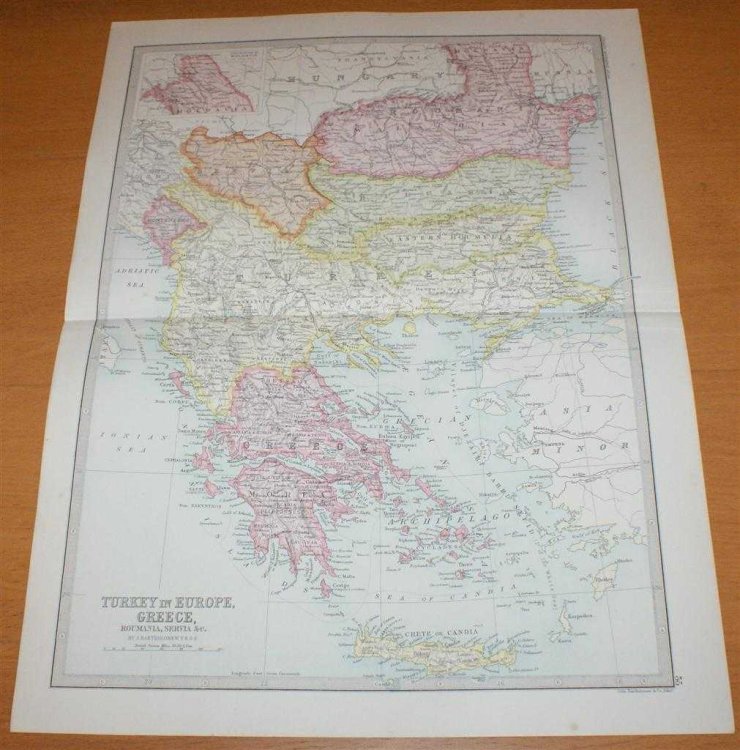 Map of 'Turkey in Europe, Greece, Roumania, Servia &c.' - Sheet 35 disbound from the 1890 'The Library Reference Atlas of the World' covering modern day Greece, Albania, Bulgaria and North Macedonia