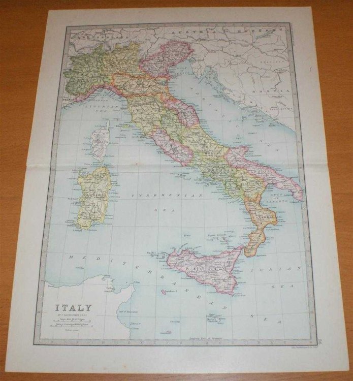 Map of Italy (with Sicily, Sardinia, Corsica and Malta) - Sheet 36 disbound from the 1890 'The Library Reference Atlas of the World'