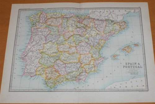 Map of Spain and Portugal (with the Balearic Islands and Andorra) - Sheet 37 disbound from the 1890 'The Library Reference Atlas of the World'