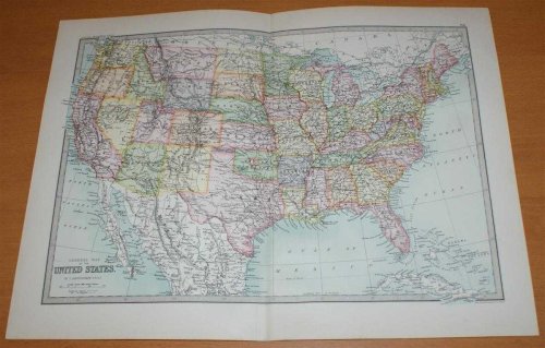 Map of the United States of America (USA) - Sheet 65 disbound from the 1890 'The Library Reference Atlas of the World' with Railroads Opened and In Progress