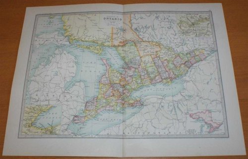 Map of 'Province of Ontario' - Sheet 63 disbound from the 1890 'The Library Reference Atlas of the World' with inset panels showing Environs of Toronto and Ottawa
