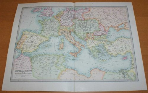 Map of 'Central Europe and Mediterranean' - Sheet 28 disbound from the 1890 'The Library Reference Atlas of the World' with Spain, France, Italy, Sicily, Sardinia, Malta, Austria-Hungary, Turkey, Greece, Crete, Cyprys, etc.