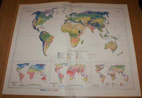 Map showing World Vegetation (Winkel's 'Tripel' Projection); Types of Natural Vegetation, Temperature and Land Use - Plate 4 disbound from 1958 Mid-Century Times Atlas of the World