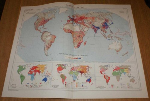 Map showing World Mankind (Winkel's 'Tripel' Projection) showing; Distribution and Density of Population, Races, Languages and Religions - Plate 5 disbound from 1958 Mid-Century Times Atlas of the World