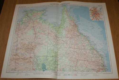 Map of 'Australia North-East' - Plate 13 disbound from 1958 Mid-Century Times Atlas of the World, including Northern Territory and Queensland with plan of Brisbane