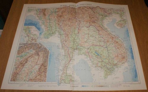 Map of 'Burma - Thailand - Indo-China' - Plate 24 disbound from 1958 Mid-Century Times Atlas of the World, including Cambodia, Laos, Vietnam, Myanmar and Thailand