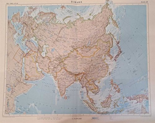 Map of 'Eurasia' - Plate 25 disbound from 1959 Mid-Century Times Atlas of the World, Volume II South-West Asia and Russia including Union of Soviet Socialist Republics, United Kingdom, Somalia, Japan, China, India, Borneo, Europe etc.