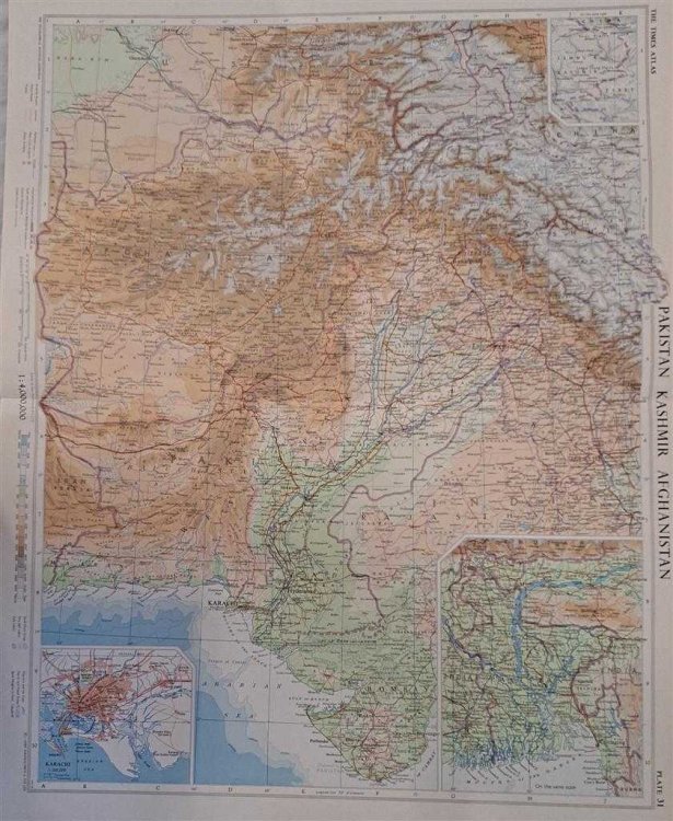 Map of 'Pakistan, Kashmir and Afghanistan', Plate 31 disbound from 1959 Mid-Century Times Atlas of the World, Volume II, (South-West Asia and Russia) Scale 1:4,000,000 and an inset plan of Karachi, Scale 1:200,000