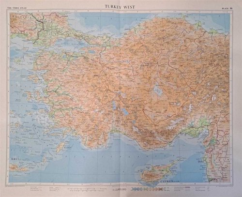 Map of Turkey West, Plate 36 disbound from 1959 Mid-Century Times Atlas of the World, Volume II, (South-West Asia and Russia) Scale 1: 2,000,000; includes Cyprus, Sporadhes (Dodecanese), Kriti (Crete)( part), Sea of Marmara