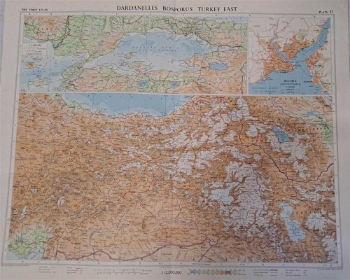 Map of Dardanelles, Bosphorus, Turkey east, Plate 37 disbound from 1959 Mid-Century Times Atlas of the World, Volume II, (South-West Asia & Russia) Scale 1: 2,000,000; Marmara Den 1:1,000,000; Istanbul (Constantinople) 1:100,000