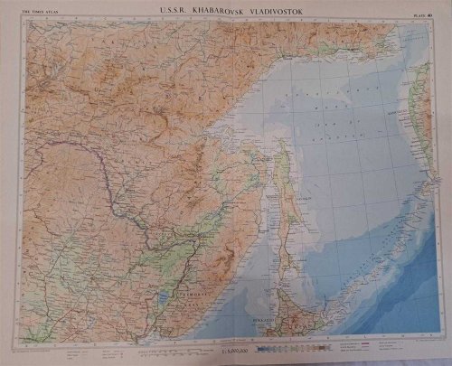 Map of U.S.S.R. Khabarovsk, Vladivostok, Plate 40 disbound from 1959 Mid-Century Times Atlas of the World, Volume II, (South-West Asia & Russia) Scale 1: 5,000,000. Includes small part of Japan