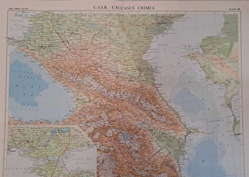 Map of U.S.S.R. Caucasus, Crimea, Plate 44 disbound from 1959 Mid-Century Times Atlas of the World, Volume II, (South-West Asia & Russia) Scale 1: 2.500,000. Inset Crimea 1: 2,5000,000