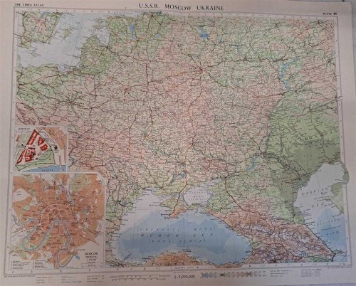 Map of U.S.S.R. Moscow, Ukraine, Plate 46 disbound from 1959 Mid-Century Times Atlas of the World, Volume II, (South-West Asia & Russia) Scale 1: 5,000,000. Inset plans of Moscow 1:100,000 and Kremlin (larger scale)
