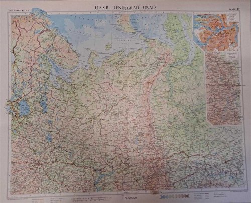 Map of U.S.S.R. Leningrad, Urals, Plate 47 disbound from 1959 Mid-Century Times Atlas of the World, Volume II, (South-West Asia & Russia) Scale 1: 5,000,000. Inset plans of Industrial Urals 1:2,500,000 and Leningrad 1:100,000