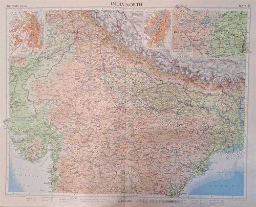 Map of India North, Plate 29 disbound from 1959 Mid-Century Times Atlas of the World, Volume II, (South-West Asia and Russia) includes North-east India, Scale 1:4,000,000