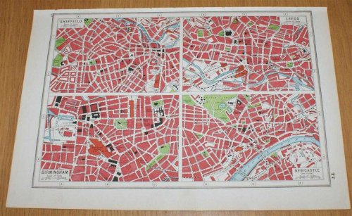 Street Plans of Sheffield, Leeds, Birmingham and Newcastle on Tyne from Harmsworth's 1922 Atlas of the World - Single Sheet