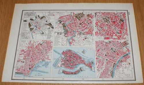 Street Plans of Cities in Italy - Rome (Ancient and Modern), Naples, Venice, Milan and Turin from Harmsworth's 1922 Atlas of the World - Single Sheet