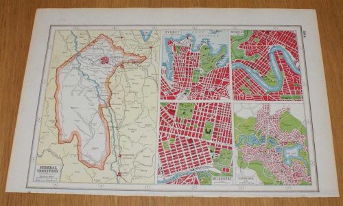Street Plans of Cities in Australia - Sydney, Brisbane, Melbourne and Canberra, with map of Federal Territory, from Harmsworth's 1922 Atlas of the World - Single Sheet