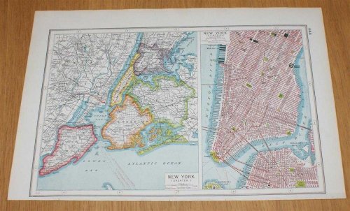 Street Plan of New York (USA) from Harmsworth's 1922 Atlas of the World - Single Sheet with two plans - Greater New York and Central New York