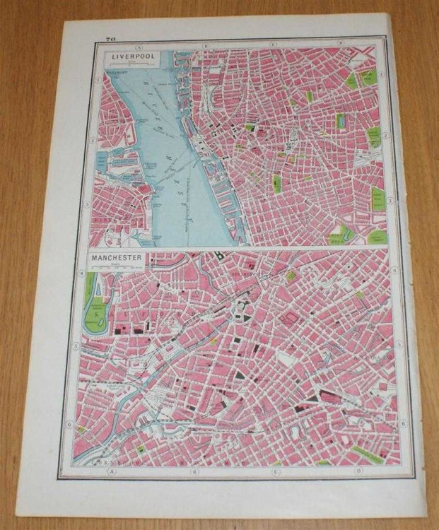 Street Plans of Liverpool and Manchester from Harmsworth's 1922 Atlas of the World - Single Sheet