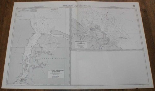 Nautical Chart No. 534. South America North Coast, Entrances to Rivers in Guiana. Fleuve Maroni (Entrance) From the French and Netherlands Government Charts to 1965. Approaches to Cayenne, from the French Government Chart of 1956, Scale 1:75,000
