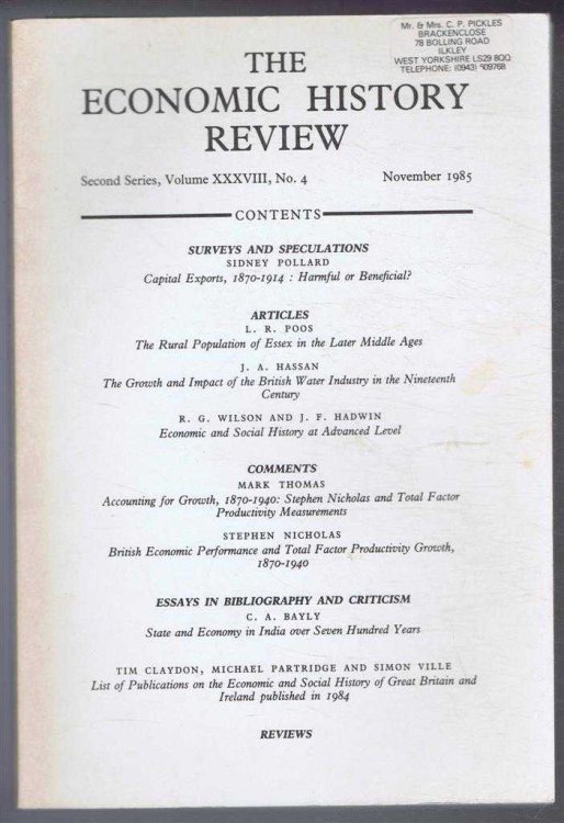 The Economic History Review. Second Series, Volume XXXVIII (38), No. 4, November 1985